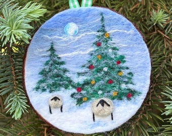 Felted Wool Christmas Ornament, Needle Felted Ornament, Mounted on Natural Wood, Felted Wool Sheep Ornament with Christmas Tree