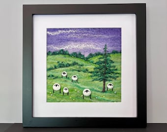 Felted Wool Landscape with Sheep, 8"x8" Frame (matted to 6"x6"), Original Needle Felted Picture, Framed Felted Wool Painting