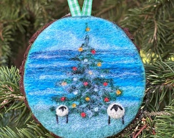 Felted Wool Christmas Ornament, Needle Felted Ornament, Mounted on Natural Wood, Felted Wool Sheep Ornament with Christmas Tree