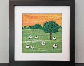 Felted Wool Landscape with Sheep, 8"x8" Frame (matted to 6"x6"), Original Needle Felted Picture, Framed Felted Wool Painting