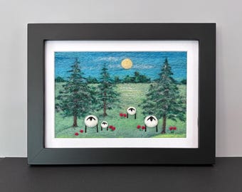 Framed Needle Felted Picture, 5"x7" Frame (matted to 4"X6"), Original Felted Wool Painting, Felted Wool Landscape with Sheep and Pine Trees