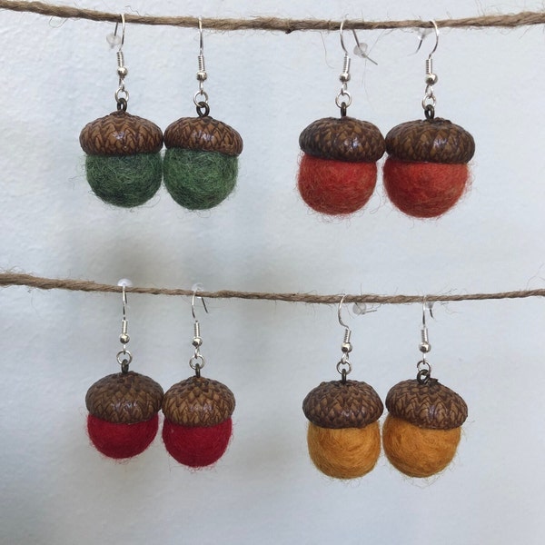 Felted Wool Acorn Earrings, Sterling Silver Hypoallergenic Hooks, Fall Jewelry, Unique, Handmade, Nature Lover Gift