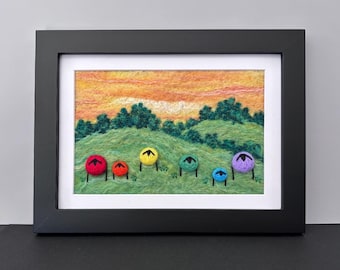 Framed Needle Felted Picture, 5"x7" Frame (matted to 4"x6"), Original Felted Wool Painting, Felted Wool Landscape with Rainbow Sheep