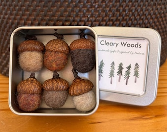Set of 6 Felted Wool Acorn Magnets in a Tin Box, Refrigerator Magnets, Fall Decor, Decorative Magnets