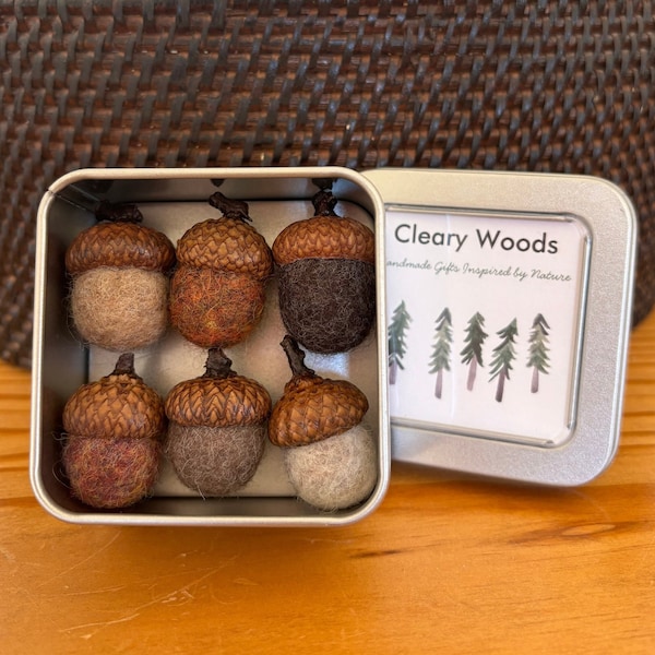 Set of 6 Felted Wool Acorn Magnets in a Tin Box, Refrigerator Magnets, Autumn Colors, Fall Decor, Decorative Magnets