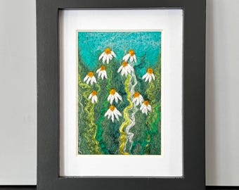 Felted Wool Daisy Painting, Framed Fiber Art (3x5 inches)