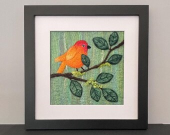 Framed Needle Felted Bird Picture, 8"x8" Frame (matted to 6"x6"), Felted Wool Bird Painting, Original Felted Wool Art