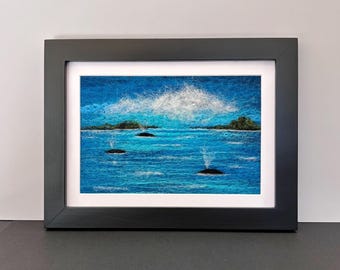 Felted Wool Seascape with Whales, Framed Needle Felted Picture, 5"x7" Frame (matted to 4"X6"), Original Felted Wool Painting