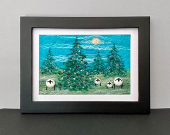 Felted Wool Christmas Landscape with Sheep, Framed Needle Felted Picture, 5"x7" Frame (matted to 4"X6"), Original Felted Wool Painting