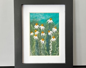 Felted Wool Daisy Painting, Framed Fiber Art (3x5 inches)