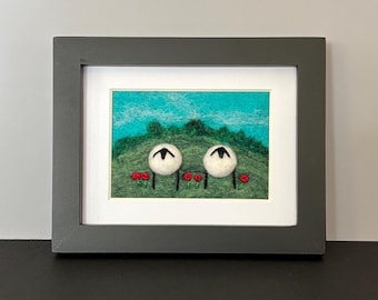 Felted Wool Sheep Landscape, Framed Needle Felted Art (3x5 inches)