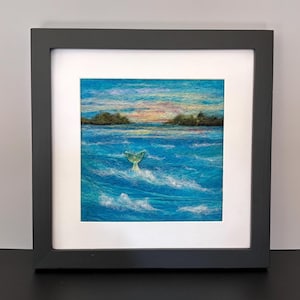 Felted Wool Seascape with Mermaid Tail, 8&quot;x8&quot; Frame (matted to 6&quot;x6&quot;), Original Needle Felted Picture, Framed Felted Wool Painting