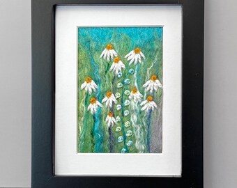 Felted Wool Daisy Painting, Framed Fiber Art (3x5 inches)