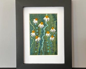 Felted Wool Floral Painting, Original Framed Fiber Art (3x5), Daisy Picture