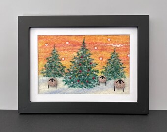 Felted Wool Winter Landscape with Christmas Tree, Framed Needle Felted Picture, 5"x7" Frame (matted to 4"X6"), Original Felted Wool Painting