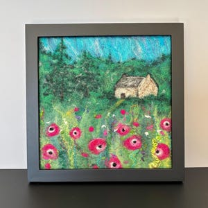 8&quot;x8&quot; Framed Felted Wool Landscape, Original Needle Felted Picture, Felted Wool Painting With Cabin and Flowers