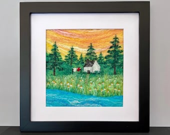 Felted Wool Landscape with Cottage and River, 8"x8" Frame (matted to 6"x6"), Original Needle Felted Picture, Framed Felted Wool Painting