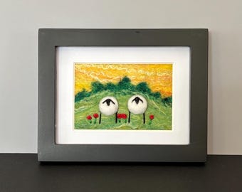Felted Wool Sheep Landscape, Framed Needle Felted Art (3x5 inches)