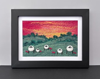 Framed Needle Felted Picture, 5"x7" Frame (matted to 4"X6"), Original Felted Wool Painting, Felted Wool Landscape with Sheep