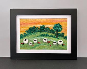 Framed Needle Felted Picture, 5"x7" Frame (matted to 4"X6"), Original Felted Wool Painting, Felted Wool Landscape with Sheep