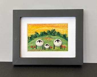 Felted Wool Sheep Landscape, Framed Needle Felted Art (3x5 inches), Baby Nursery Gift