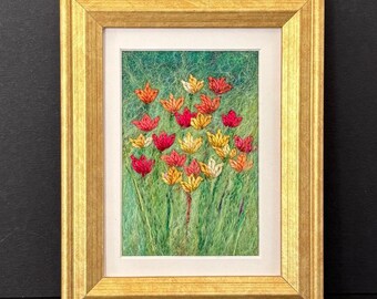 Felted Wool Tulip Painting, Framed Fiber Art (3x5 inches),