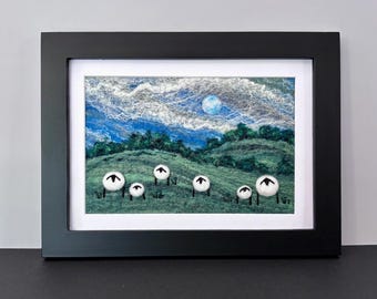 Framed Needle Felted Picture, 5"x7" Frame (matted to 4"X6"), Original Felted Wool Painting, Felted Wool Landscape with Sheep