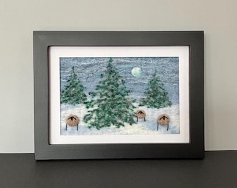 Felted Wool Winter Landscape with Sheep, Framed Needle Felted Picture, 5"x7" Frame (matted to 4"X6"), Original Felted Wool Painting