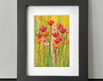 Felted Wool Tulip Painting, Framed Fiber Art (3x5 inches),