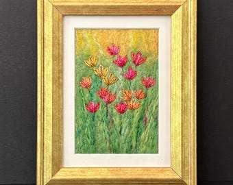 Felted Wool Tulip Painting, Framed Fiber Art (3x5 inches),