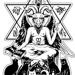 Könnte beinhalten: Schwarz-weiß-Illustration einer Ziegenkopffigur mit Hörnern und Flügeln, die auf einem Thron mit einem Buch sitzt, auf dem "666 999" steht. Die Figur ist von einem Pentagramm und vier schwarzen Katzen sowie einer weißen Katze umgeben.