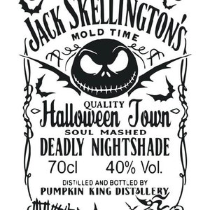 May include: Black and white graphic featuring Jack Skellington's face, bats, and decorative flourishes. Text includes "Jack Skellington's," "Halloween Town," and "Deadly Nightshade." The label also indicates 70cl and 40% Vol.