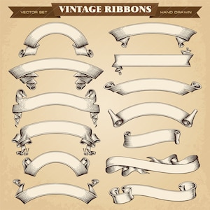 Può includere: Set di 12 banner vintage disegnati a mano con uno schema di colori marrone e bianco. I nastri sono in vari stili e forme, tra cui curvi, dritti e fluidi.