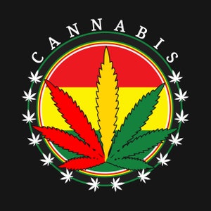 Könnte beinhalten: Grafikdesign mit einem Cannabisblatt in Rot, Gelb und Grün auf schwarzem Hintergrund. Das Wort "CANNABIS" ist in weißen Buchstaben über dem Blatt angeordnet, umgeben von einem Kreis aus Cannabisblättern.