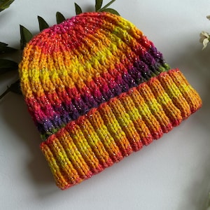 Hand Knitted Baby Beanie hat - Rainbow 1