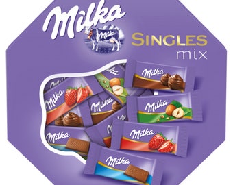 Milka Singles Surtido Mix Mini Barras de Chocolate, 138g 4.9oz / Caramelo Internacional / Caja de Dulces, Regalos Personalizados, Chocolate con Leche