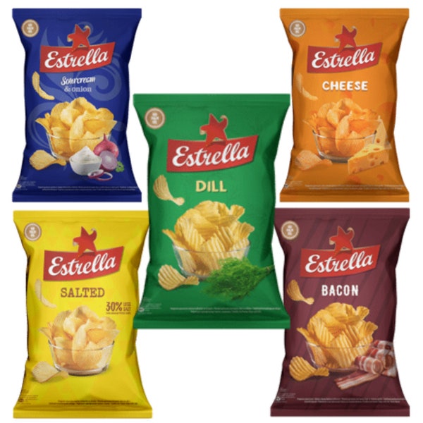 5 x patatine lituane Estrella tagliate in piega, 130 g 4,59 once salate, aneto, pancetta, formaggio, panna acida e aroma di cipolla