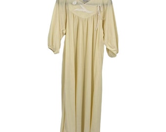 Vintage 70s 80s Pastel Yellow Maxi Length Night Embroidered Gown Sleep Dress
