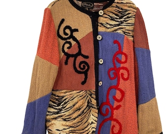 Alex Kim Art to Wear Boho Knit Button Sweater Jacket Womens Large Animal