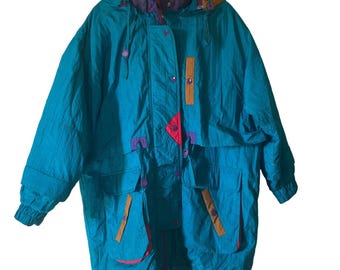 Vintage Venezia Long Retro Blue 80s 90s Ski Hooded Nylon Coat Women’s 18/20