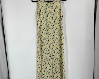 Vintage 90s Pastel Yellow Blue Floral Cottage Midi Dress Size Small Country