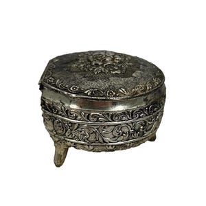 Vintage Embossed Velvet Lined Trinket Box Japan Roses Footed Metal Silver Tone