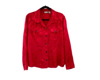 Chico's Silk Embossed Botanical Shirt Blouse Womens Size 2 Large