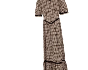 Vintage Handmande Praire Plaid Lace Brown Cream Maxi Dress 60s Milkmaid Pioneer