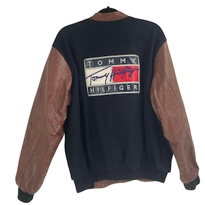 VTG Tommy Hilfiger Svart Brun Läder Canvas Bomberjacka Stor Logotyp Patch XL