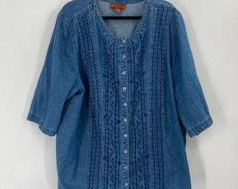 Vintage Liz & Me Embroidered Denim Cotton Button Short Sleeve Shirt Western 2X