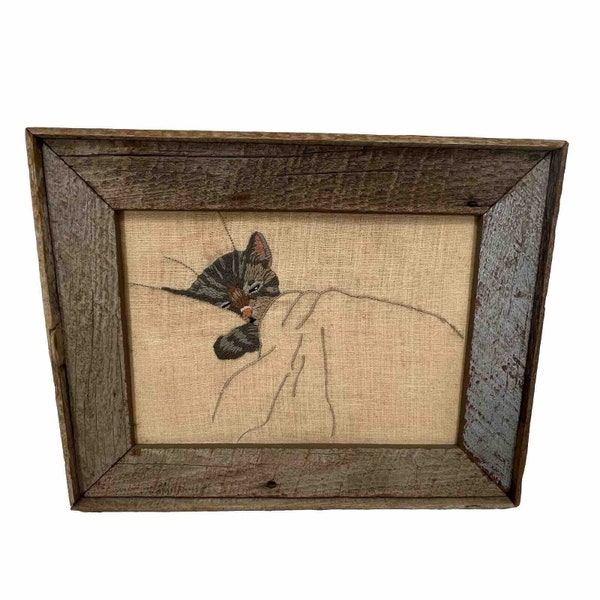 MCM Erica Wilson Columbia Minerva Chessie Sleeping Cat Barnwood Framed Picture