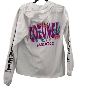 Vtg 90s Womens Small Cozumel Mexico Jacket Hood Full Zip 2-Sided, Sleeve Print