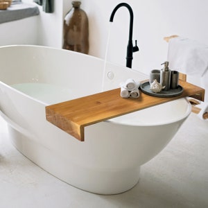 Caddy de baño de madera maciza, tablero de bañera protegido, bandeja de baño rústica, mesa de cama moderna, soporte de baño con soporte para tableta, banco de jacuzzi