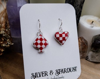 Red and white checkerboard heart and spade mismatched sterling silver earrings